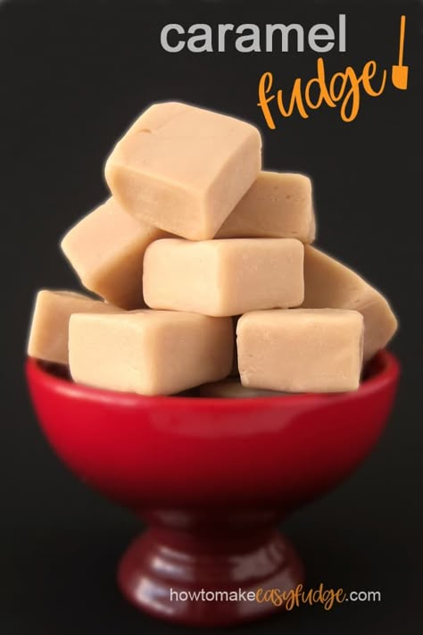 Take a bite into the softest, creamiest, tastiest caramel fudge you will ever try! It's so easy to make using 3 ingredients. See the recipe at HowToMakeEasyFudge.com #caramel #caramelfudge #saltedcaramel #fudge #easyfudge #easyfudgerecipes #fudgerecipes #desserts #sweets #candy #homemadefudge #homemadecandy How To Make Fudge Easy 3 Ingredients, Easy Caramel Fudge Recipe, Carmel Fudge, Velveeta Fudge, Caramel Fudge Recipe, Soft Fudge, Chewy Caramel, Homemade Fudge Recipes, Easy Fudge