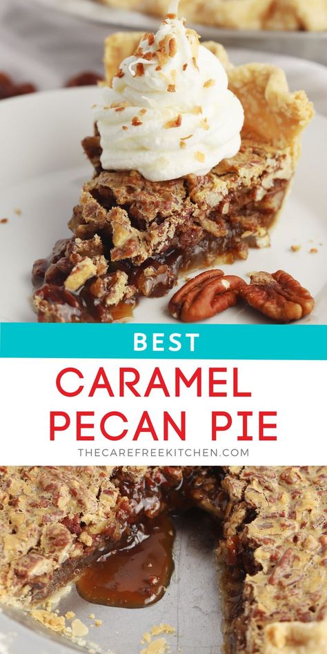 Pinerest pin for pecan pie Caramel Pecan Pie Recipe, Brown Sugar Pecan Pie Recipe, Carmel Pecan Pie, Caramel Pie Recipe, Spring Sweets, Caramel Pecan Pie, Pecan Filling, Pecan Sauce, Caramel Dessert Recipes