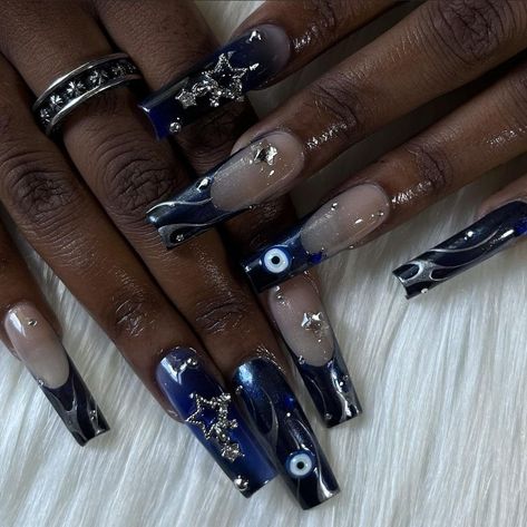 Nails Acrylic Designs Y2k, Alt New Years Nails, Nail Inspiration Grunge, Nail Idea Y2k, Y2 K Nails, Gothic Blue Nails, Pretty Nail Ideas Acrylic Long, Goth Nails Blue, Dark Blue Y2k Nails