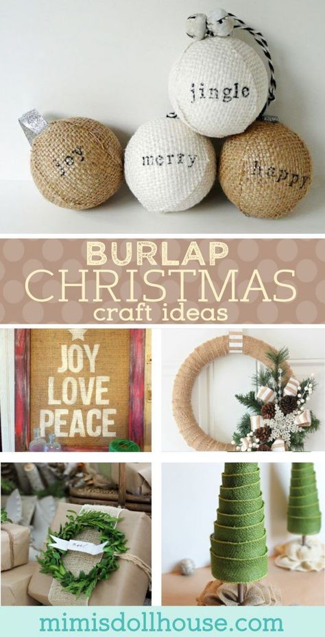 Christmas: Burlap Christmas Crafts.  Looking to decorate this Christmas with a vintage flair?  Check out these awesome Christmas Craft ideas using burlap. #christmas #diyandcrafts #crafts #diy #holiday #burlap #vintage #christmasdecorations #parties #homedecor #home via @mimisdollhouse Burlap Christmas Crafts, Christmas Treats Gifts, Burlap Christmas Decorations, Burlap Crafts Diy, Burlap Christmas Ornaments, Winter Party Ideas, Diy Floral Arrangements, Christmas Burlap, Floral Diy