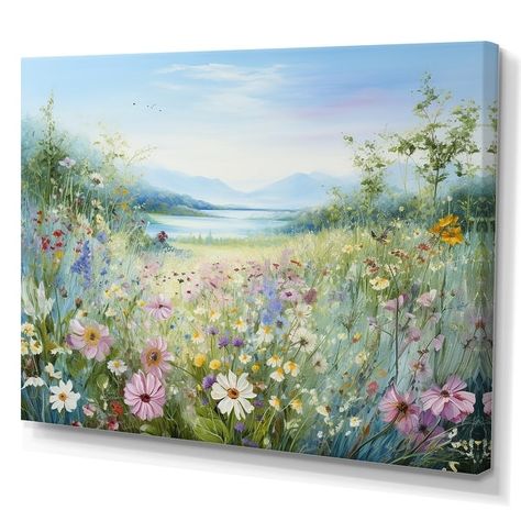 Designart "Simplity Wreath Green Flower Field " Flower Field Wall Art - Bed Bath & Beyond - 39949992 Wildflower Paintings, Wreath Flower, Red Art Print, Floral Oil, Nature Art Painting, Garden Wall Art, Green Flower, Unique Aesthetic, Inspirational Wall Art