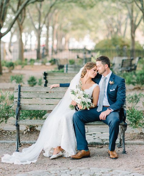 Bride and groom on a bench in one of their favorite parks in Charleston, SC // Aaron and Jillian Photography // Nikon D5, 85mm lens, shot at 2.8 Bride Groom Poses Romantic, Wedding Photo Bench, Simple Wedding Photography Poses, Park Wedding Photoshoot, Simple Wedding Poses Couple, Backyard Wedding Photoshoot, 85mm Wedding Photography, Shy Couple Wedding Poses, Park Wedding Pictures