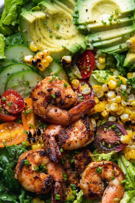 Shrimp Summer Salad, Healthy Grilled Shrimp Recipes, Corn Salad With Avocado, Creamy Avocado Ranch Dressing, Nutritional Meals, Pescatarian Lifestyle, Marinated Grilled Shrimp, Salad With Shrimp, Salad Shrimp