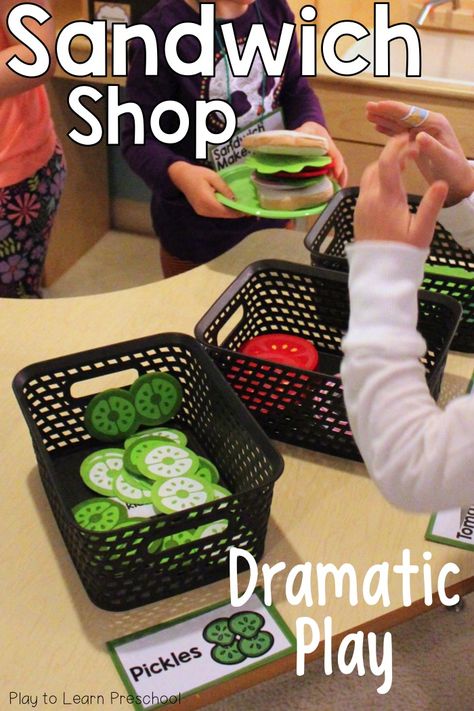 Make sandwiches and subs at this adorable Sandwich Shop Dramatic Play Center! Perfect for preschoolers or any early childhood education classroom. via @PlayToLearnPS Early Childhood Education Classroom, Dramatic Play Activities, Dramatic Play Themes, Dramatic Play Center, Purposeful Play, Role Play Areas, Dramatic Play Preschool, Dramatic Play Area, Sandwich Shop