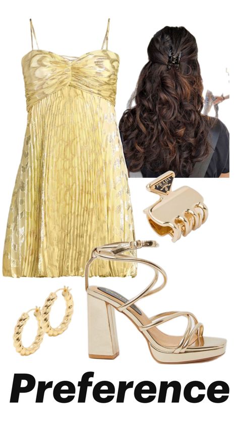 yellow dress with gold, gold earrings, brown long hair, gold clips Sorority Recruitment Outfits Rush Week, Sorority Rush Week Outfits, Sorority Rush Week, Rush Week Outfits, Sorority Dresses, Sorority Rush Outfits, Rush Week, Sorority Recruitment Outfits, Rush Outfits