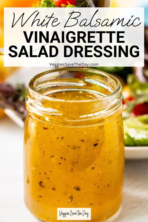 4 ingredient White Balsamic Vinaigrette Salad Dressing is naturally sweet and tangy without any added sugar. It's delicious on mixed greens, beans, vegetables, and more. Save this pin and follow for more easy vegan Mediterranean diet recipes! Recipes For Salad Dressings, Diy Vinegrette Dressing, Recipe Salad Dressing, Panera Balsamic Vinaigrette Recipe, Pear Balsamic Dressing, Quick Vinaigrette Dressing Recipe, Mason Jar Salad Dressing Recipes, Basic Salad Dressing, Healthy Salad Dressing Low Calorie