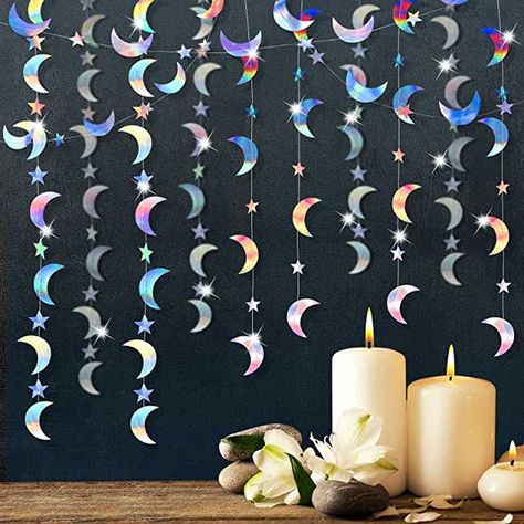 Galaxy Decorations, Sweet 16 Theme Ideas, Holographic Party, Moon Garland, Full Moon Halloween, Galaxy Decor, Iridescent Party, Galaxy Party, Paper Garlands