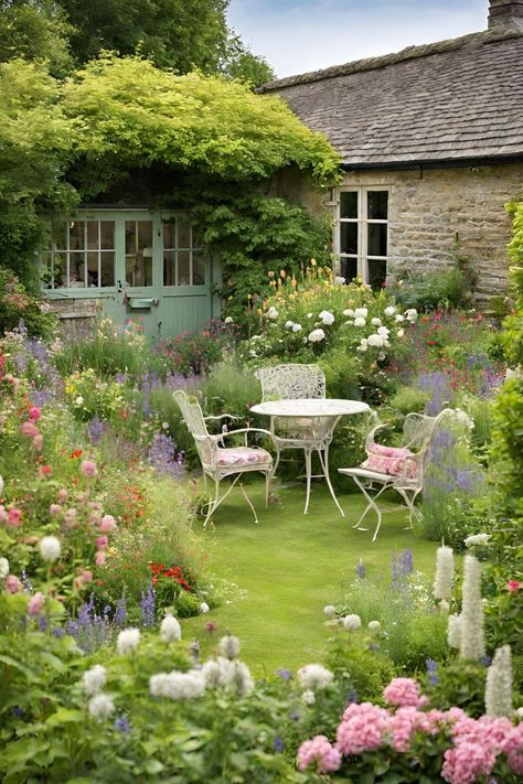 An English Cottage Garden is a charming and picturesque style of gardening that reflects the quaint beauty of rural England. It’s a delightful blend of informal design, colorful blooms, and abundant plantings that evoke a sense of nostalgia and romance.  Design layout, flowers, design, ideas, plants, front yard, lay out, patio, small, shed, border, fence. Back Garden Aesthetic, Garden English Style, Cottage English Garden, Cottage House With Garden, European Cottage Garden, Flower Front Garden, English Cottage Garden Patio, Beautiful Cottage Gardens, Garden Design English