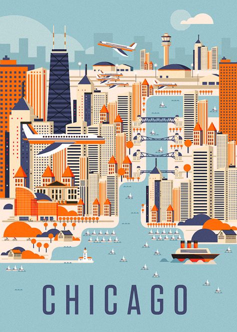 Chicago by Neil Stevens. Very enjoyable. Chicago Poster, Postal Vintage, Tourism Poster, Chicago Art, Chicago Travel, Retro Travel Poster, Chicago Skyline, City Illustration, The Windy City