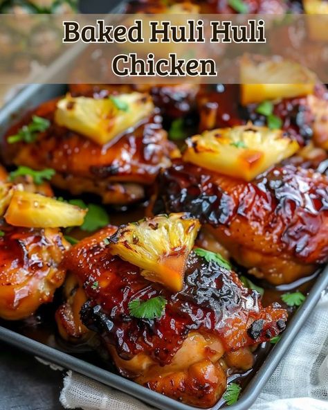 Baked Huli Huli Chicken Recipe, Baked Huli Huli Chicken Thighs, Chicken Pineapple Rice, Baked Huli Huli Chicken, Huli Huli Chicken Recipe, Chicken Leg Quarter Recipes, Huli Chicken, Huli Huli, Huli Huli Chicken