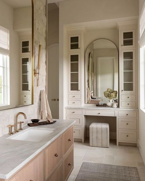 Built In Makeup Vanity In Bathroom, Built In Vanity In Bathroom, Cream Colored Walls, Built In Bathroom Vanity, In Law Suites, Vanity In Bathroom, Built In Vanity, Colored Walls, Bathroom With Makeup Vanity