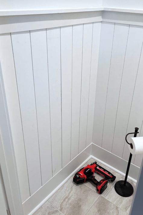 How To Install Vertical Shiplap, Shiplap Wainscoting Ideas, Horizontal Shiplap Half Wall, Shiplap Wall In Bathroom, Half Shiplap Wall Bathroom, Vertical Shiplap Entryway, Vertical Shiplap Wainscoting, Shiplap Bathroom Accent Wall, Shiplap Paneling Sheets