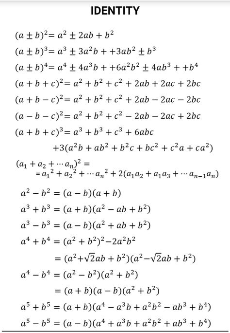 Maths Identities, Identities Math, Maths Algebra Formulas, Math Formula Chart, Math Signs, College Math, Teaching Math Strategies, Learn Physics, Math Quotes