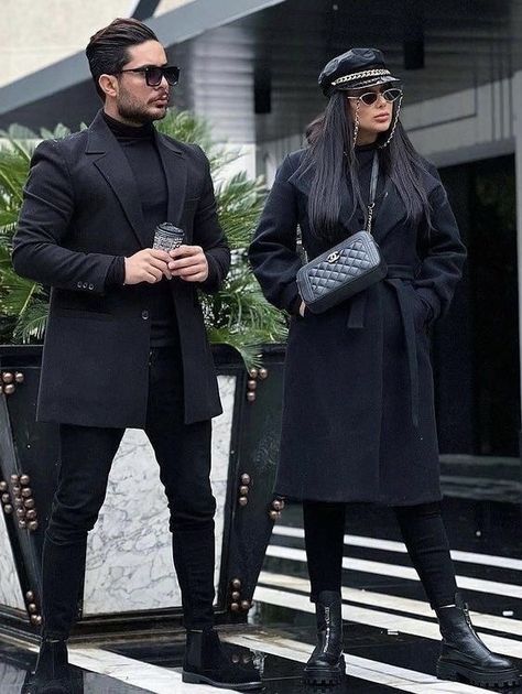 Formal Outfits For Couples, Couple Wearing Black Outfits, All Black Outfit Couple Photoshoot, Black Couple All Black Outfit, Couple Black Outfit Classy, Couple Outfits Matching Classy Black, Black Outfit Couple Photoshoot, Matching Outfits For Couples Formal, Couple Winter Outfits