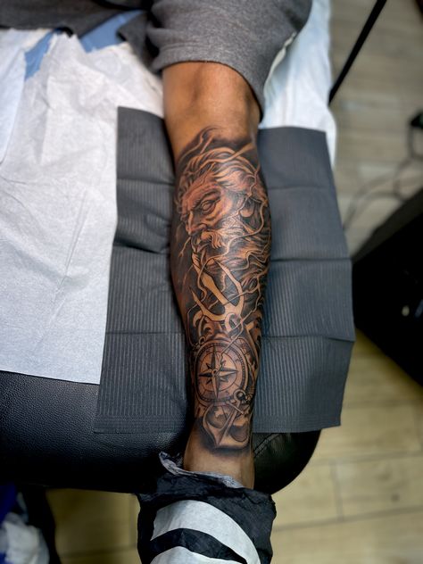 Mens Calf Tattoo Sleeve, Leg Piece Tattoo Mens, Greek Mythology Calf Tattoos, Men Tattoo Leg Ideas, Zeus Tattoo Leg, Half Leg Sleeve Tattoo Calf Men, Men’s Calf Tattoo Ideas, Zeus Leg Tattoo, Men Leg Tattoo Ideas Design