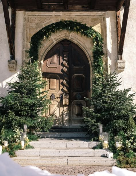 Carols By Candlelight, Winter Wedding Chapel, Winter Wedding Trees, Winter Wedding With Christmas Trees, English Winter Wedding, Wedding Florals Winter, Winter Wedding Church Decorations, Christmas Wedding Church Decor, Winter Church Decor