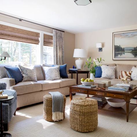 Living Room Design Beige, Blue And Cream Living Room, Blue Family Rooms, Brown And Blue Living Room, Transitional Family Room, Tan Living Room, Living Room Decoration Ideas, Navy Living Rooms, Cream Living Rooms