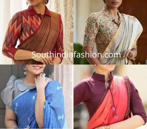 formal office wear professional blouse designs collar neck Office Wear Blouse Designs, Office Wear Blouse, Office Wear Saree, Blouse Designs Saree, Kalamkari Blouse Designs, Professional Office Wear, Saree Jacket Designs, Kalamkari Blouse, Cotton Saree Blouse Designs