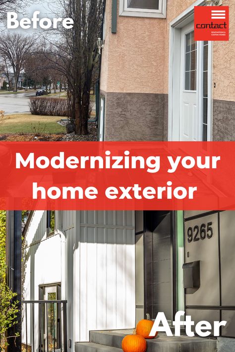 Modernize Your Home Exterior - Removing vs Covering Up Stucco. Contact Renovations Adding Siding To Stucco House, Stucco Exterior Makeover, Stucco And Brick Exterior, Outdoor Home Design, Modernize Your Home, Stucco Homes, Stucco Exterior, Stucco Walls, Exterior Makeover