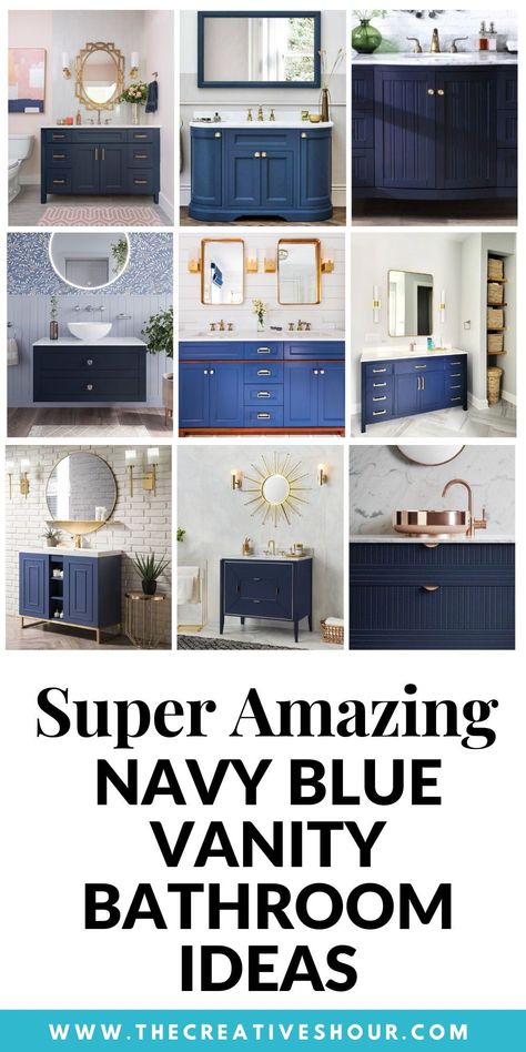 Embrace the timeless elegance of Navy Blue Vanity Bathroom Ideas. Dive into a sea of chic designs and decor to create a sophisticated and calming retreat. Elevate your bathroom with nautical-inspired charm and contemporary style. Blue Bathroom Vanity Mirrors, Half Bathroom Ideas Blue Vanity, Bathroom Paint Colors With Blue Vanity, Blue Vanity Powder Room Ideas, Bathroom Ideas With Navy Blue Vanity, Navy Vanity Bathroom Ideas Paint, Navy Blue And White Bathroom Decor Ideas, Bathroom With Blue Vanity Ideas, Bathroom Remodel Navy Vanity