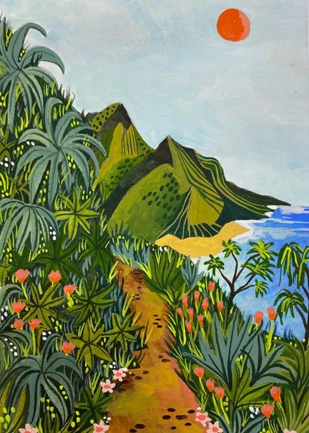 Na Pali Coast | Illustration Hawaii Mural Art, Maui Hawaii Painting, Roeqie Art, Hawaii Landscape Painting, Tropical Landscape Art, Island Art Tropical, Hawaiian Art Painting, Mural Art Tropical, Dorm Posters Art Prints