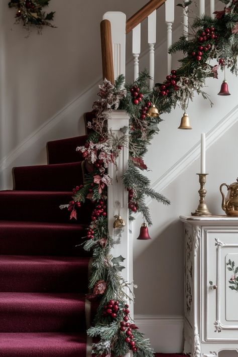 Transform your home into a winter wonderland with this elegant Christmas home decor. The lush greens and vibrant reds add warmth and cheer, perfect for the holiday season. Elevate your festive spirit! #ChristmasHomeDecor #HolidayVibes #FestiveStairs Holiday Stairs Decorations, Stair Banister Christmas Decor, Christmas Tree Inspiration Red And Green, Christmas Stair Railing Garland Ideas, Outdoor Stairs Christmas Decor, Stairwell Christmas Decor, Christmas Stairway Decorations, Stairs Christmas Decor, Christmas Stairwell