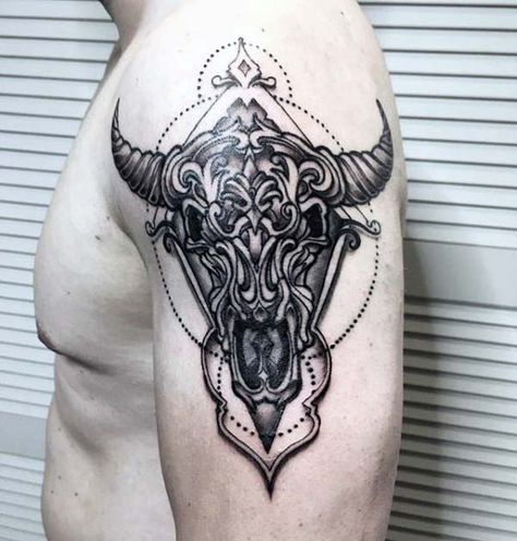 Ornate Decorative Bull Skull Upper Arm Male Tattoos Bull Tattoos For Men, Bull Skull Tattoo Design, Side Piece Tattoos, Bull Skull Tattoo, Blackbeard Flag, Cow Skull Tattoos, Chucky Tattoo, Skull Tattoo Designs, Bull Skull Tattoos