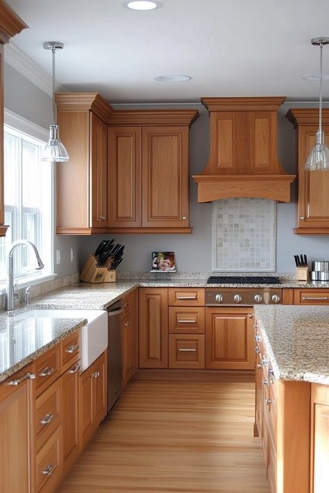 5 Colors To Paint Kitchen With Honey Oak Cabinets: A Guide Oak Cabinetry Kitchen, Kitchen With Honey Oak Cabinets, Oak Kitchen Cabinets Wall Color, Wood Home Design, Updating A Kitchen, Natural Wood Home, Kitchen Cabinets And Flooring, Paint Colors Kitchen, Metal Building House