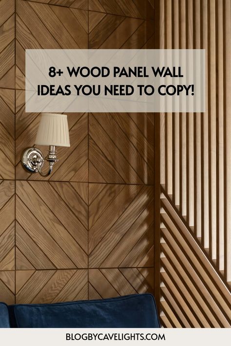 Wood panel wall with a modern geometric design and a wall-mounted lamp. Interior Wood Paneling Ideas, Cedar Fence Board Interior Walls, Wood Panel Accent Wall Dining Room, Chevron Wall Panelling, Wooden Wall Panelling Design Living Room, Wood Wall Design Ideas Living Room, Wood Panel Bedroom Wall, Decorative Wall Panels Wood, Wooden Panel Texture