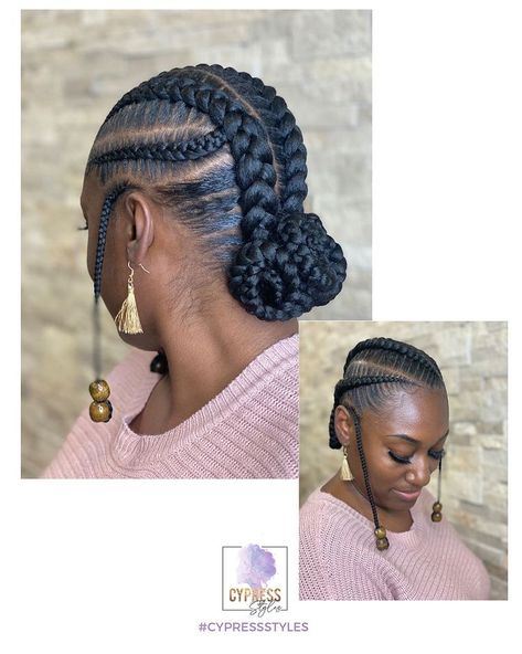 Cypress Styles | 😍😍 —————— Book under 4 stitch braids. Appointments available today @ 12pm (ct). —————— #StitchBraids #BunBraids #CypressStyles… | Instagram Hair Cornrows Styles, Goddess Cornrows Buns, Cute 2 Braids Hairstyles, Cornrow Stitch Braids, Half Feed In Braids Half Sew In Curly, 4 Braids Cornrows, Formal Braids, 4 Feed In Braids Hairstyles, One Braid Hairstyles