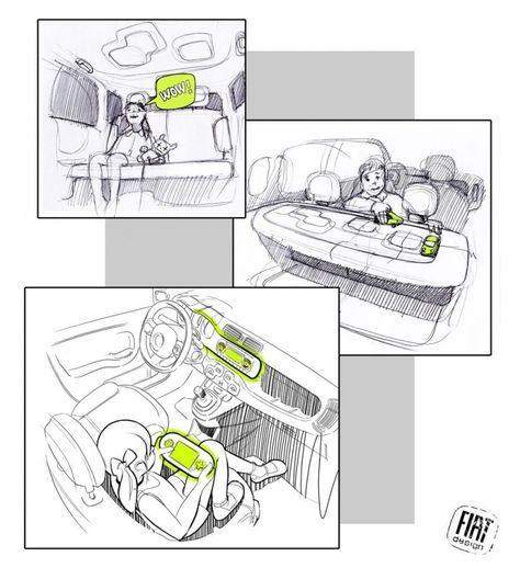 Fiat Panda Design Story Concept Car Interior Sketch, Concept Car Interior, Car Interior Sketch, Car Interior Design Sketch, Panda Design, Car Interior Design, Fiat Panda, Industrial Design Sketch, Interior Sketch