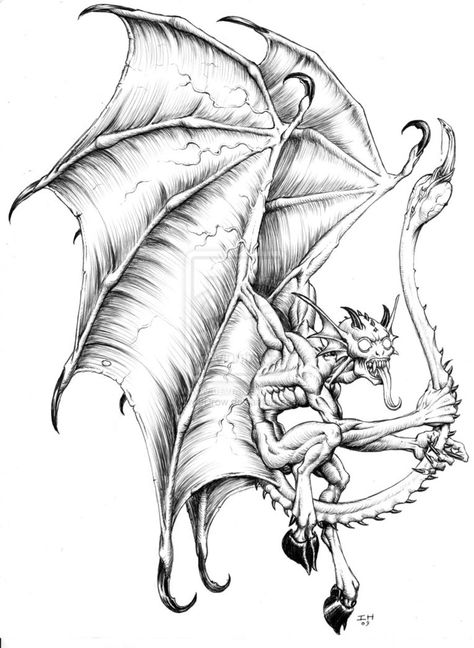 Imp by lvl9Drow Imp Drawing, Gargoyle Drawing, Animal Stencil Art, Dark Tattoos, Fantasy Demon, Pencil Drawings Of Animals, Wings Drawing, Warrior Tattoos, Digimon Digital Monsters