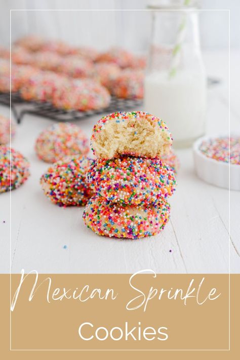 Light and airy butter cookies covered and baked with rainbow sprinkles! #cookies #Mexicancookies #rainbowsprinkles #nonpareils #Mexicansprinklecookies #galletasgrageas Mexican Sprinkle Cookies, Rainbow Sprinkle Cookies, Mexican Cookies Recipes, Fiesta Cookies, Sprinkles Cookies, Sprinkle Cookies Recipe, Cookies 2023, Mango Street, Mexican Bakery