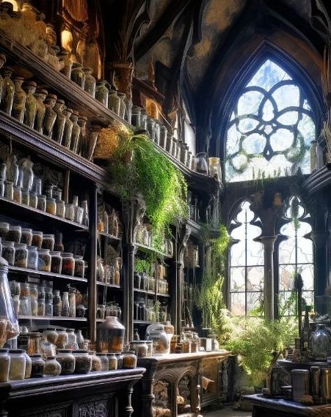 Potion Shop Aesthetic, Hogwarts Herbology Aesthetic, Apothecary Shop Fantasy Art, Transitional Cabin, Fantasy Apothecary Shop, Child Reference, Fantasy Plants, Wizard Tower, Hufflepuff Slytherin