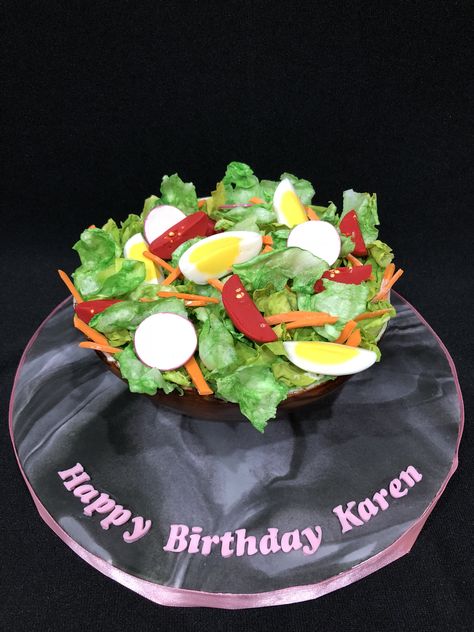 Salad cake, Birthday cake that looks like a salad. Salad Cake Design, Kid Cake Ideas, 1 Tier Cake, Salad Cake, Cake Birthday Cake, 3d Cakes, Tier Cake, Kids Cake, Themed Cakes