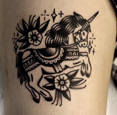 American Traditional Unicorn Tattoo, Traditional Unicorn Tattoo, Old School Unicorn Tattoo, Unicorn Tattoo Traditional, Trad Unicorn Tattoo, Creepy Unicorn Tattoo, Gothic Unicorn Tattoo, Medieval Unicorn Tattoo, Unicorn Tattoo Designs