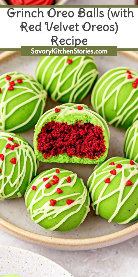 Looking for a festive treat that will impress everyone at your holiday gatherings? These Grinch Oreo Balls made with Red Velvet Oreos are the perfect addition to your Christmas Desserts! Save this recipe for a deliciously fun dessert that will spread holiday cheer and delight your guests! Grinch Red Velvet Oreo Balls, Grinch Oreo Cookie Balls, Red And Green Snacks Christmas Parties, Christmas Desserts Creative, Dessert Recipes Red Velvet, Christmas Kid Desserts, Diy Christmas Dessert Gifts, Cake Balls Recipe Christmas, Cool Christmas Desserts