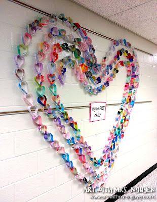 My Paper heART Chain! | Art with Mrs. Nguyen Paper Heart Chain, School Hallway, Chain Art, Valentine Art Projects, Group Art Projects, Collaborative Art Projects, Elementary Art Projects, Valentines Day Activities, Valentines Art