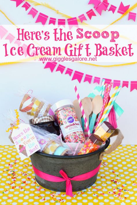 Ice Cream Gift Basket_Giggles Galore Cute Gifts Aesthetic, Ice Cream Gift Basket, Gift Basket Friend, Diy Gift Basket Ideas, Diy Gift Basket, Donation Ideas, Chinese Auction, Inexpensive Diy Gifts, Fundraiser Baskets