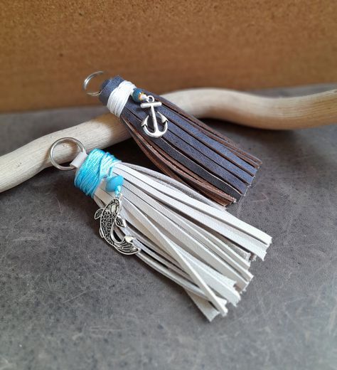 Leather Ornaments, Tassel Bag Charm, Leather Keychains, Leather Fringe Bag, Car Deco, Personalized Leather Bracelet, Carpe Koi, Anchor Charm, Painted Bags