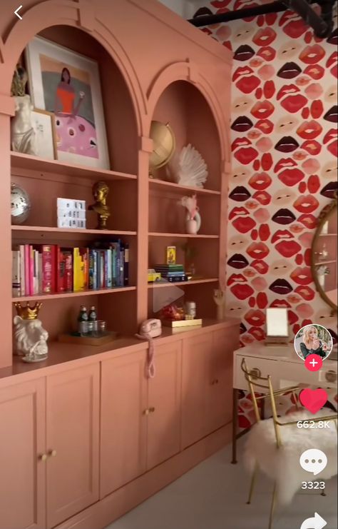 Yellow Built In Bookcase, Funky Built In Shelves, Colorful Built Ins, Coral Bookshelf, Colored Bookcase, New Victorian Homes, Diy Built In Shelves, Pink Bookshelves, Built In Wall Units