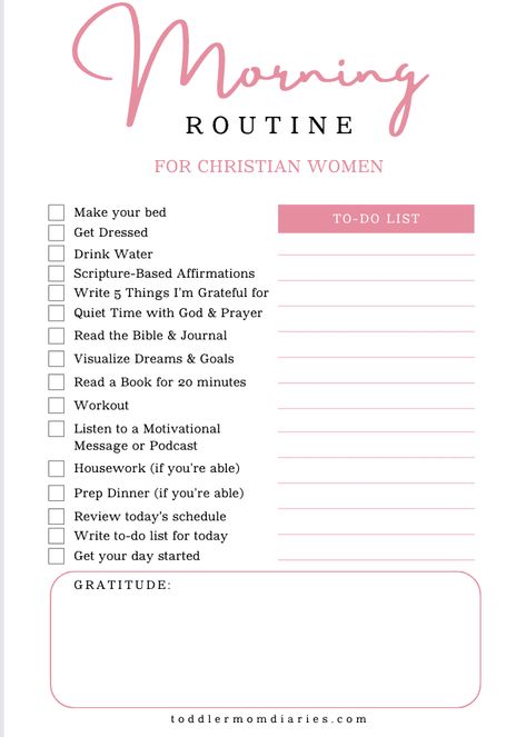 Powerful Morning Routine Checklist for Christian Women - Toddler Mom Diaries Christian Self Care Checklist, Morning Checklist For Women, Prayer Time Schedule Christian, Daily Routine Schedule Christian, Godly Morning Routine, Morning Routine Christian Women, Christian Glow Up Checklist, Christian Routine Mornings, Morning Routine Checklist For Women