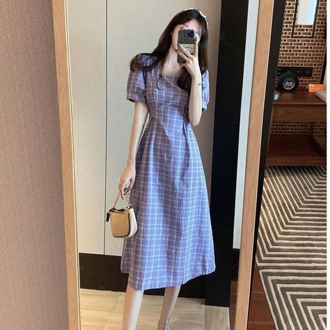 7a6a74cbe87bc60030a4bd041dd47b78desc42987506ri Baju Dress Korea, Casual Dress Korean Style, Chifon Dress, Long Purple Dress, Plaid Dress Vintage, Dress Korea, Retro Skirt, Dress Korean, French Retro