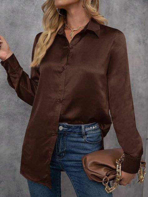 Vrouwen Casual Minimalistisch Voorkant Knoopsluiting Shirt, Woon-werk Stijl, Herfst Koffie bruin Elegant  Lange mouwen Satijn Eenkleurig Shirt Niet stretchy Lente Women Clothing, size features are:Bust: ,Length: ,Sleeve Length: Brown Blouse Outfit, Hosting Thanksgiving Dinner, Office Aesthetic, Hosting Thanksgiving, Brown Blouse, Straight Lace Front Wigs, Satin Shirt, Work Wear Women, Spring Women