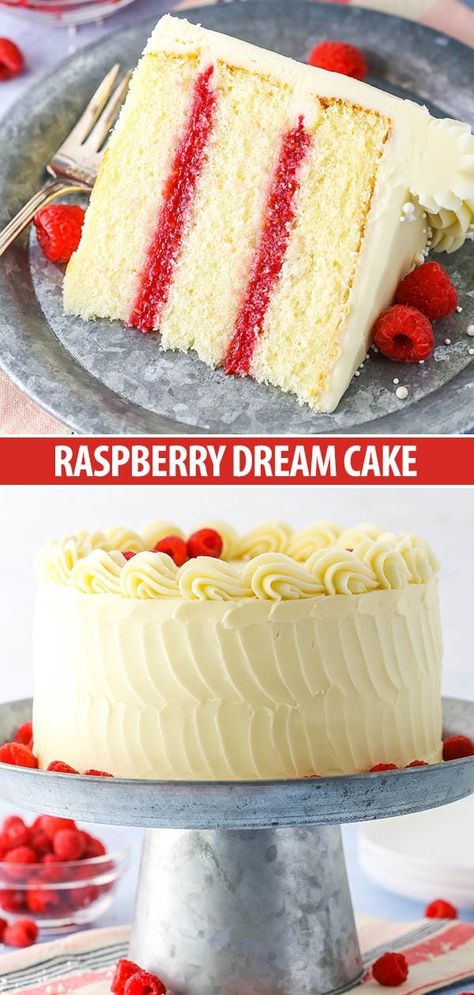 This Raspberry Dream Cake has layers of tender, moist vanilla cake and fresh raspberry filling all covered in cream cheese frosting! #vanillacake #raspberrydessert #raspberries August Cake, Bakery Style Cake, Easy Vanilla Cake, Moist Vanilla Cake, Best Cakes, Sponge Cakes, Raspberry Recipes, Raspberry Filling, Vanilla Cake Recipe