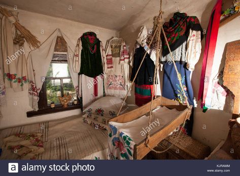 Download this stock image: interior of the Ukrainian house authentic embroidery and decoration of the house - KJRAMM from Alamy's library of millions of high resolution stock photos, illustrations and vectors. Ukrainian Interior Design, European Decor, Wardrobe Rack, Loft Bed, The House, Ukraine, High Resolution, Stock Images, Resolution