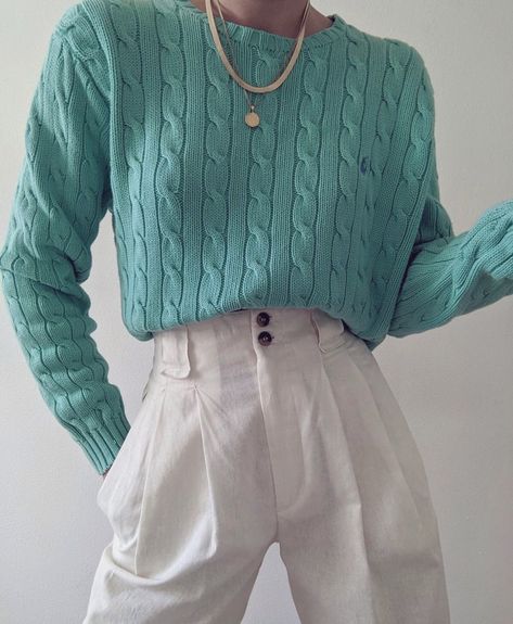 Photo edited by AirBrush App. 90s fashion knit sweater and white pants. #photoeditor #filter #airbrush #retouch #outfitideas #grungeoutfits #dress #outfits #minimalist #fashion #90s #90sfashion #aesthetic #jeans #springoutfits Outfit by Nanin Vintage Light Teal Outfit Ideas, Aqua Sweater Outfit, Turquoise Dress Aesthetic, Aqua Green Outfit, Teal Outfits Aesthetic, Torquise Outfit, Teal Aesthetic Outfit, Cyan Clothes, Turquoise Outfit Aesthetic