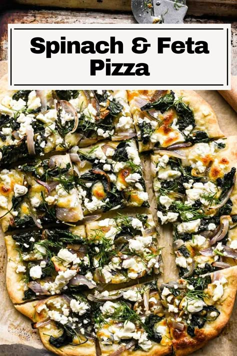 This Spinach and Feta Pizza is a delicious vegetarian pizza topped with salty feta cheese, creamy mozzarella cheese, and a garlicky spinach and red onion mixture. Top with fresh dill for a bright herby finish. The pizza tastes similar to the Greek dish spanakopita, so if you love that, you’ll love this! Spinach Naan Pizza, Pizza With Spinach Topping, Spinach Feta Flatbread, Naan Veggie Pizza, Feta Cheese Pizza Recipes, Vegetarian Pizza Ideas, Feta Flatbread Pizza, Vegetarian Flatbread Recipes, Sauerkraut Pizza