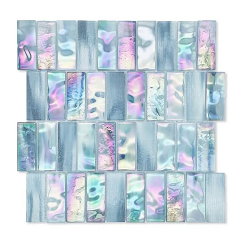 Blue And Purple Tile, Iridescent Bathroom Tiles, Irridescent Bathroom, Iridescent Tile Bathroom, Mosaic Splashback, Iridescent Bathroom, Pink And Blue Bathroom, Pink And Blue Kitchen, Colourful Bathrooms