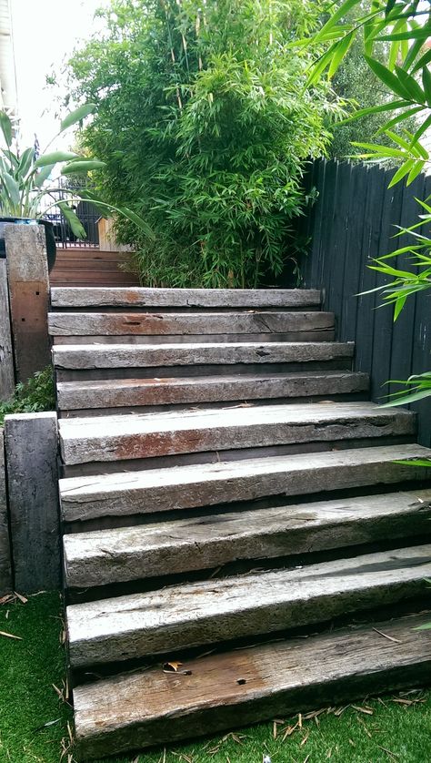 railway sleeper steps Railway Sleeper Stairs, Railway Sleepers Stairs, Railway Sleepers Steps, Railway Sleeper Steps, External Steps, Driveway Steps, Sleepers Garden, Sleeper Steps, Sleepers In Garden